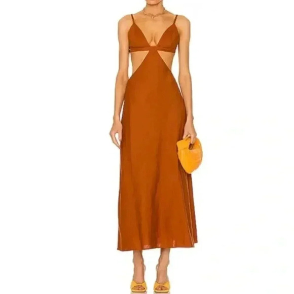 cult gaia Dresses & Skirts - Cult Gaia Selah Amber Lunge Neckline Cutout Long Linen Blend Dress Size Medium